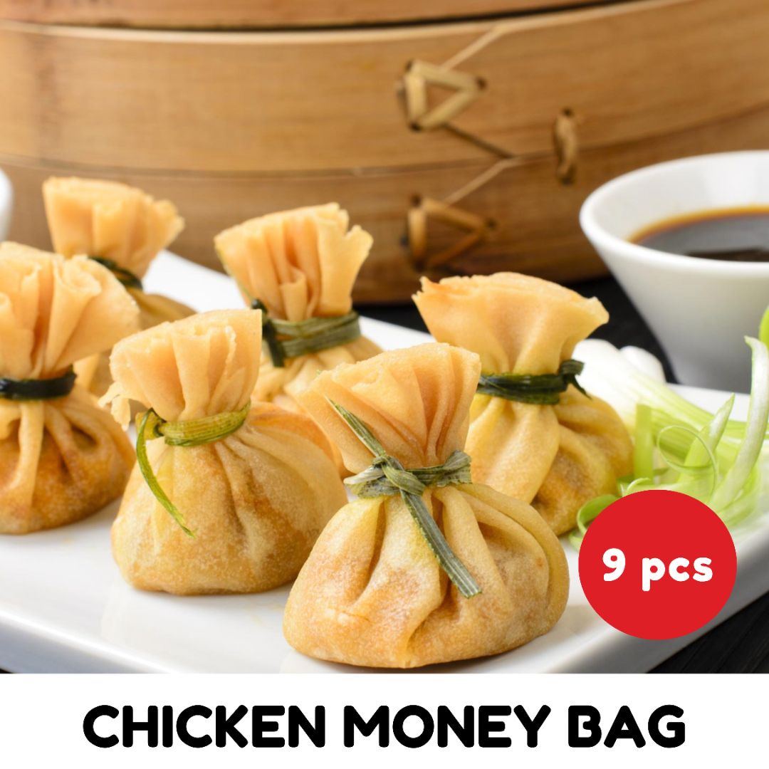 Fried chicken dumpling dim sum shaped as a bag.