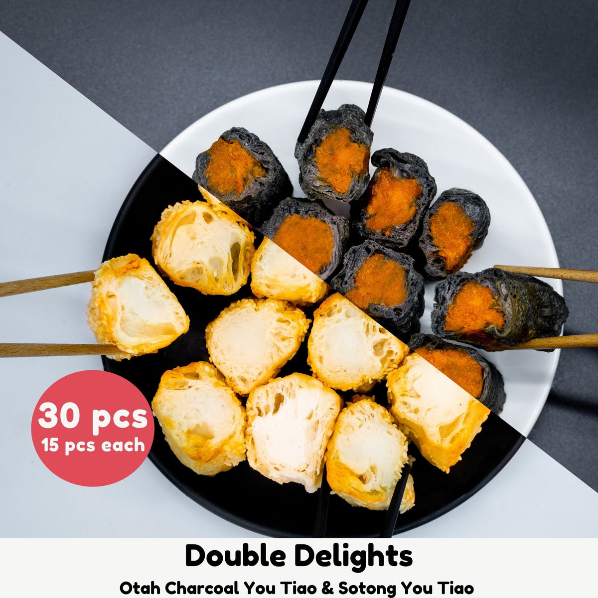 a plate of half Otah Charcoal You Tiao &amp; half Sotong You Tiao each 15 pieces